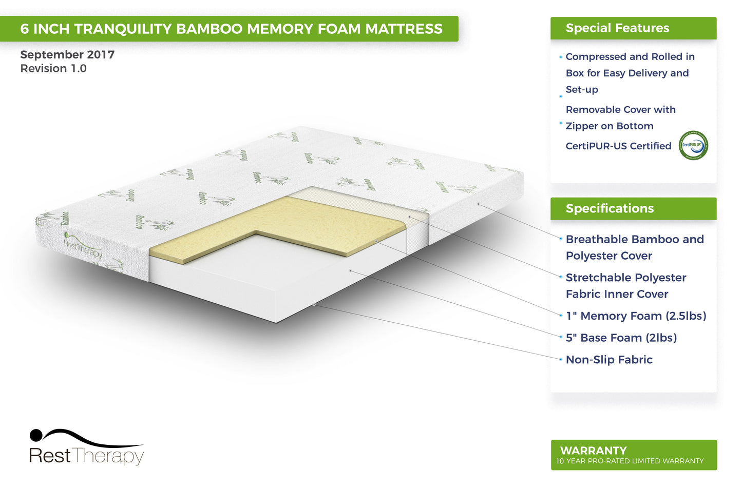 Matelas en mousse à mémoire de forme en bambou Tranquility de 6 pouces - Disponible en 4 tailles