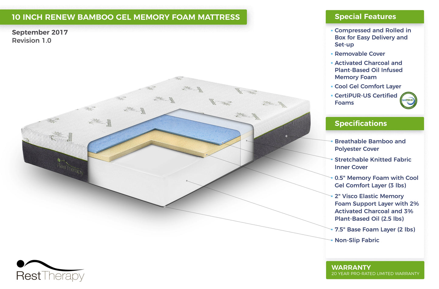 Matelas en mousse viscoélastique Renew Bamboo Cool Gel de 10 pouces - Disponible en 4 tailles